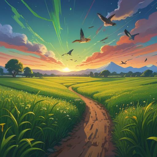 A serene landscape featuring migratory birds soaring through a vibrant sky, symbolizing freedom and abundance, lush green fields below, gentle waves in a nearby lake reflecting the sunlight, the birds' graceful movements capturing the essence of emotional richness, harmony between nature and spirit, peaceful coexistence, 4k