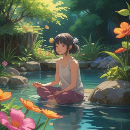 A serene illustration of a peaceful person practicing meditation in a tranquil garden, surrounded by soft flowers and flowing water, gentle sunlight filtering through the trees, harmonious atmosphere, mental clarity visualized, mindfulness and balance, 4k