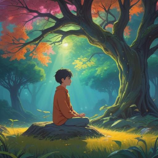 A serene and ethereal landscape, a person meditating under a glowing tree, vibrant energy radiating from the heart, ethereal light illuminating the surroundings, symbolic representation of jealousy transforming into positive energy, soft and uplifting atmosphere, harmonious connection with nature, spiritual awakening, 4k