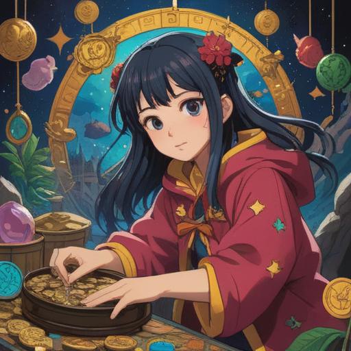 A vibrant illustration of a lucky charm guiding a hardworking person, surrounded by symbols of success like coins and stars, bright colors, uplifting atmosphere, inspirational mood, detailed background with a bustling workplace, warmth and positivity, dynamic character expression, 4k