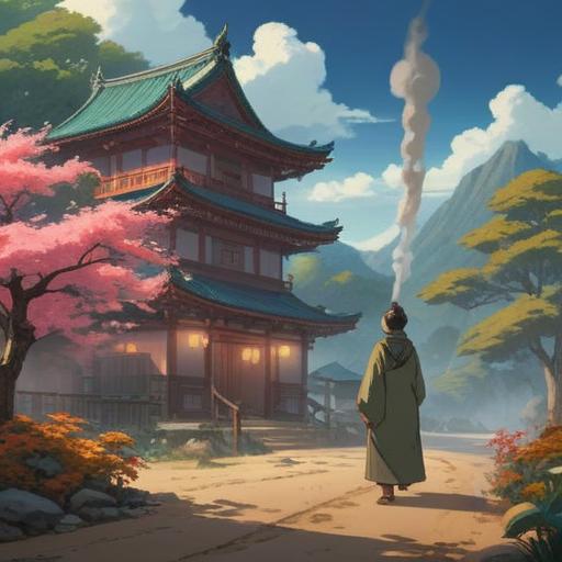 A serene and mystical scene depicting the spiritual significance of Nukus, a traditional Japanese incense powder, with a gentle smoke rising, surrounded by calming natural elements like cherry blossom trees and a tranquil pond, a person in meditation holding a small container of Nukus, ethereal light illuminating the setting, harmony between nature and spirituality, soft focus, 4k