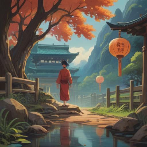 A serene illustration featuring a traditional Japanese setting, a beautifully crafted luck-enhancing item made of lacquered wood, surrounded by subtle natural elements like cherry blossoms and gentle streams, warm sunlight filtering through the trees, conveying a sense of positive energy and fortune, harmonious composition, 4k resolution