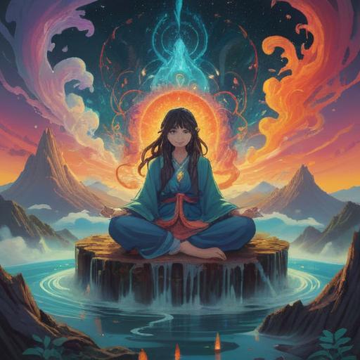 A mystical scene depicting the spiritual meaning of nausea, ethereal colors, swirling energies, a figure in meditation surrounded by vibrant auras, a connection to the universe, symbols of transformation and growth, abstract patterns representing inner turmoil and enlightenment, calm yet intense atmosphere, 4k