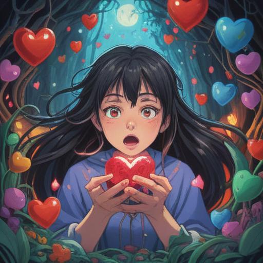 A whimsical illustration depicting a person experiencing nausea while holding a lucky charm, surrounded by floating hearts and memories of past relationships, soft pastel colors, charming details, emotional expressions, a blend of hope and nostalgia, 4k