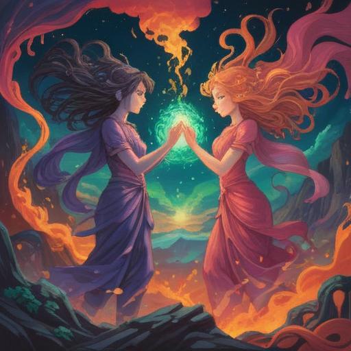A surreal illustration representing the connection between nausea and spiritual twin flames, intertwining vibrant energy lines, a figure in a meditative pose, contrasting dark and light elements, ethereal glow surrounding the characters, symbolic imagery exploring emotions, dreamlike atmosphere, 4k