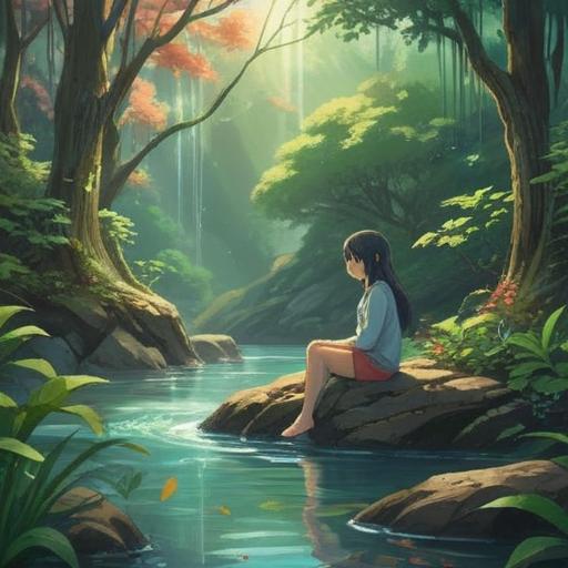 A serene and calming scene, depicting a person sitting in a peaceful nature setting, surrounded by gentle flowing water and vibrant greenery, a glowing aura enveloping them, symbolizing spiritual awakening, soft light filtering through the trees, an expression of tranquility and insight, harmonious and uplifting atmosphere, 4k