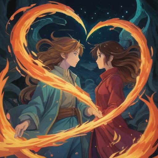 A serene and enchanting scene depicting twin flames, harmonious energy flows between two figures, each reflecting the other’s essence, soft golden light enveloping them, a tranquil garden setting with vibrant flowers, gentle breeze, a sense of deep connection and emotional healing, peaceful expressions on their faces, mystical aura surrounding them, pastel colors, 4k