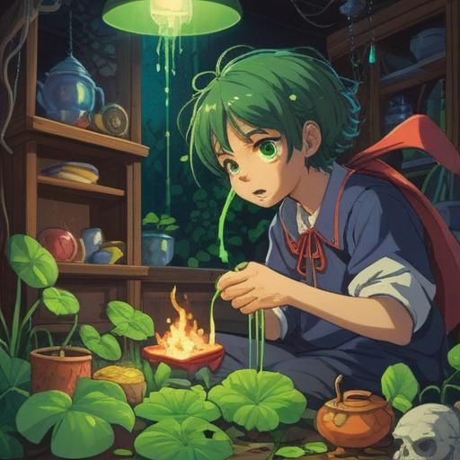 A whimsical illustration featuring a person on the verge of vomiting, holding various lucky items such as a four-leaf clover, a rabbit’s foot, and a horseshoe, with a bright, colorful background filled with cheerful patterns, emphasizing the contrast between discomfort and luck, playful expressions, light-hearted atmosphere, 4k