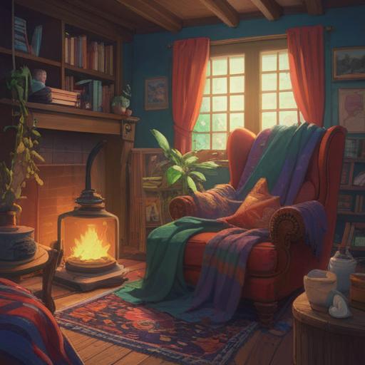 A cozy scene featuring calming items for the mind, soothing colors, a comfortable armchair with a soft blanket, a steaming cup of herbal tea on a wooden table, gentle sunlight filtering through a window, lush indoor plants, tranquil atmosphere, inviting and relaxing environment, emphasizing peace of mind, 4k