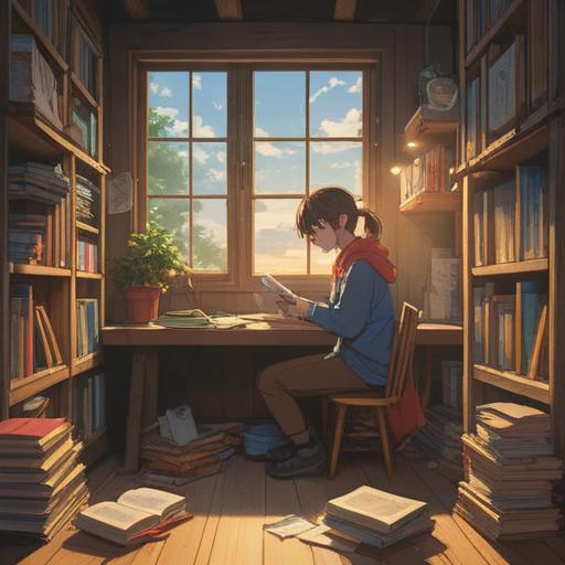 A serene scene of a person sitting at a wooden desk, surrounded by neatly organized phone books, sunlight streaming through a window, soft shadows casting on the surface, a peaceful expression on their face, symbolizing mental clarity and tranquility, a cozy home environment, gentle colors, calming atmosphere, 4k