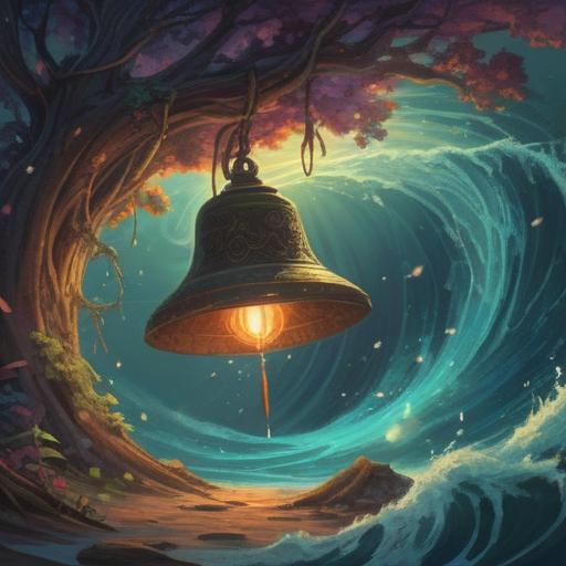 A serene scene depicting a mystical sound wave emanating from an ancient bell, symbolizing spiritual awakening, ethereal light surrounding the bell, gentle mist in the background, tranquil nature setting, vibrant colors reflecting harmony, divine energy flowing through the air, inviting aura, 4k