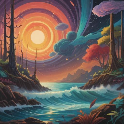 A surreal illustration depicting the spiritual meaning of radio interference, ethereal waves of energy intertwining, a mystical landscape filled with abstract symbols, vibrant colors representing frequencies, a figure meditating amidst the chaos, luminous aura surrounding the subject, otherworldly atmosphere, 4k