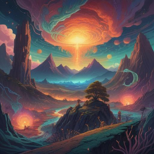 A surreal illustration of spiritual signs represented by radio interference, ethereal waves merging into a cosmic landscape, vibrant colors symbolizing positive energy, abstract shapes radiating light, celestial motifs, a tranquil atmosphere, harmonious connection between technology and spirituality, 4k