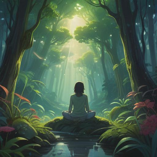 A serene atmosphere depicting a spiritual sign, ethereal light breaking through clouds, a figure meditating in a lush forest, nature's tranquility, symbols of hope and guidance, vibrant colors, harmonious composition, representing inner peace and connection, 4k