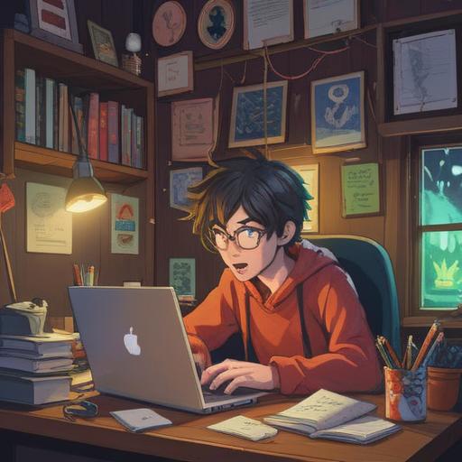 A whimsical illustration of a person sitting at a desk with a laptop, looking frustrated at a weak Wi-Fi signal icon, surrounded by crystals that glow with vibrant colors, a cozy room with plants and bookshelves, warm lighting creating a comforting atmosphere, reflecting the theme of finding luck in difficult situations, 4k