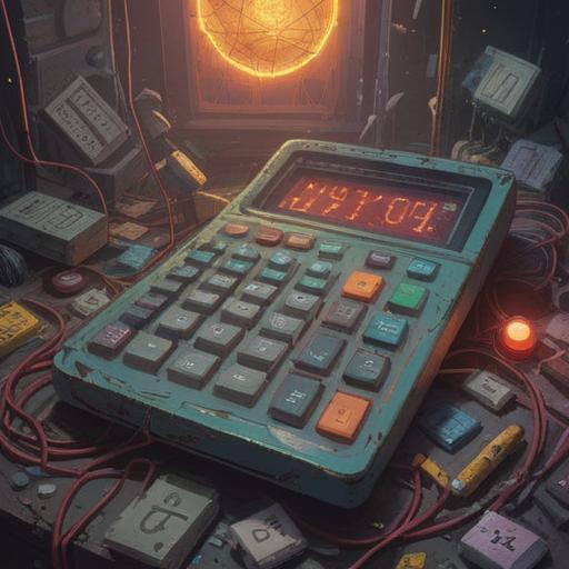 A surreal illustration depicting a broken calculator, ethereal light emanating from the cracks, symbols of caution floating around, a mysterious aura surrounding the object, abstract spiritual signs in the background, engaging colors, dreamlike atmosphere, thought-provoking elements, 4k