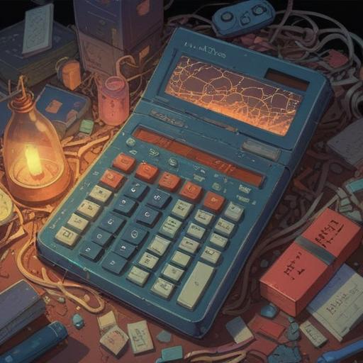 A thought-provoking illustration of a broken calculator, pieces scattered around, symbolic of life's lessons, a soft light illuminating the scene, a notebook and pen nearby, reflecting on the importance of mistakes, engaging composition, surreal elements, philosophical undertones, 4k