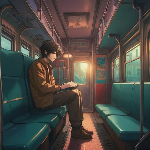 A thought-provoking illustration depicting a train interior, a person sitting alone with an empty seat beside them, soft ethereal glow around them, reflecting feelings of solitude and introspection, symbolic representations of personal space and spiritual growth, vibrant color contrasts, dreamlike atmosphere, artistic interpretation of social boundaries, 4k
