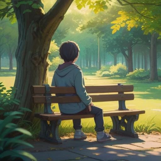 A serene and mystical scene depicting a person sitting alone on a bench in a tranquil park, soft rays of sunlight filtering through the trees, symbolic butterflies fluttering around, an ethereal glow surrounding the individual, representing spiritual protection and positive energy, a calm lake in the background reflecting peace, lush greenery enveloping the space, vibrant autumn leaves, 4k