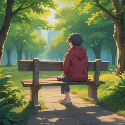 A serene and introspective scene, a lone figure sitting on a park bench, surrounded by lush greenery, soft sunlight filtering through the trees, a gentle breeze rustling the leaves, subtle hints of ethereal energy around the figure, contemplative expression, a feeling of solitude and spiritual awareness, 4k