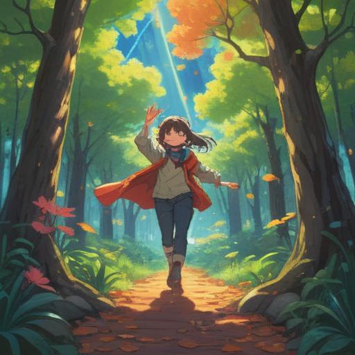 A whimsical illustration depicting a person performing a lucky action to invite positive change, vibrant colors, cheerful atmosphere, sunlight streaming through the trees, a serene park setting, gentle movements, joyful expressions, hints of magic and luck, subtle details in the surroundings, 4k