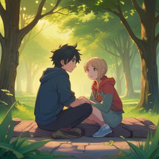 A serene moment of two friends sitting side by side, gentle smiles, a peaceful park setting with soft sunlight filtering through trees, a sense of personal space respected, shared laughter, relaxed body language, harmony in companionship, vibrant greenery in the background, 4k