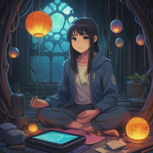 A mystical illustration depicting the spiritual significance of broken electronic devices, ethereal lighting, symbolic items scattered around, a figure in meditation surrounded by fragments, vibrant energy flow, abstract representations of technology and spirituality, tranquil atmosphere, rich colors, deep contrast