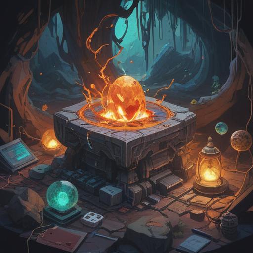 A mystical scene depicting a power stone glowing with energy, surrounded by broken electronic devices, symbolizing transformation and healing, warm light illuminating the stone, contrast between shattered tech and radiant crystal, serene atmosphere, hints of nature encroaching upon technology, magical aura, 4k