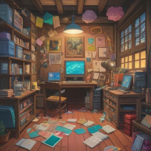 A visually striking collage of various items symbolizing organization, colorful sticky notes, papers neatly arranged, a digital tablet displaying a mind map, a planner with colorful tabs, coffee cup beside, ambient workspace lighting, minimalistic design, 4k