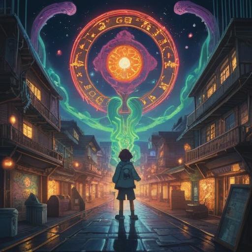 A mystical scene depicting electronic devices malfunctioning, vibrant energy swirling around, glowing symbols representing luck and spiritual guidance, an ethereal presence calming the chaos, lush surroundings hinting at nature's harmony, serene atmosphere, vivid details of technology and spirituality merging, mystical light effects, 4k