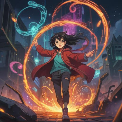 A dynamic scene depicting a person overcoming electronic device troubles, surrounded by swirling energy symbols, vibrant colors, an expression of determination and luck, various devices sparking with excitement, a sense of movement and resolution, dramatic lighting, digital elements harmonizing with a positive atmosphere, 4k