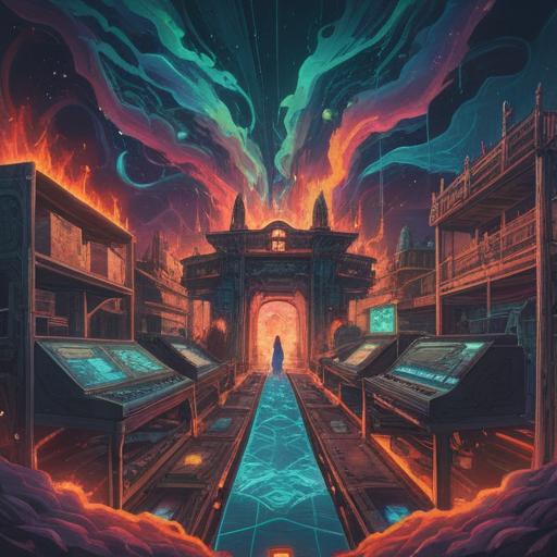 A surreal illustration depicting the spiritual energy of electronic soundwaves, vibrant colors, ethereal light effects, abstract patterns symbolizing positive signs, mystical atmosphere, harmonious interaction between technology and nature, floating musical notes, visually representing serenity and enlightenment, 4k