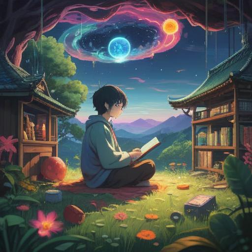 A serene, ethereal landscape, vibrant energy waves emanating from various electronic devices, mystical symbols floating in the air, a person meditating with a calm expression, surrounded by shimmering lights, an aura of tranquility, soft hues of blue and purple, interconnectedness of technology and spirituality, 4k