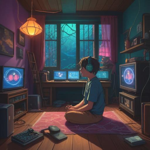 A mystical scene depicting a serene room filled with glowing electronics, a person meditating with headphones on, vibrant energy waves emanating from the devices, symbols of fortune appearing in the air, a harmonious blend of technology and spirituality, soft ambient lighting, calming atmosphere, 4k