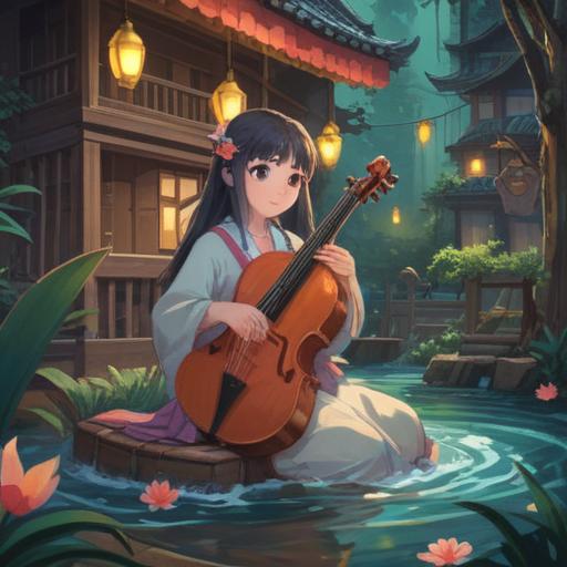 A serene illustration depicting the power of sound in attracting good fortune, a tranquil environment filled with musical instruments, gentle sound waves radiating in the air, lush greenery symbolizing prosperity, soft light illuminating the scene, harmonious colors blending together, a calm figure meditating amidst the sounds, peaceful atmosphere, 4k