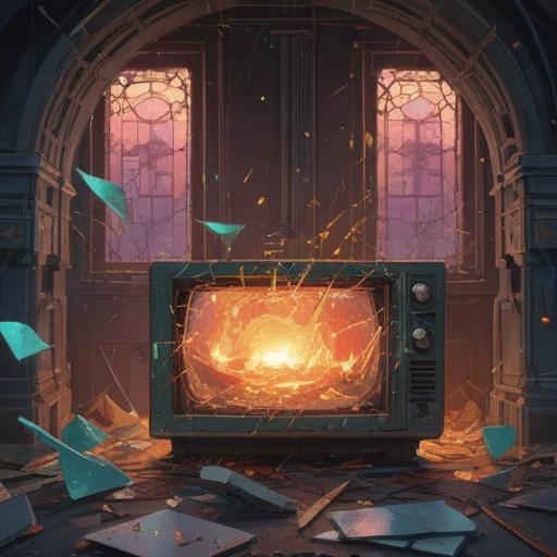 A broken microwave symbolizing spiritual transformation, shattered glass and metal, ethereal glow surrounding the remnants, contrasting emotions of loss and enlightenment, mystical energy rising from the broken appliance, serene background with soft light, representing change and rebirth, 4k