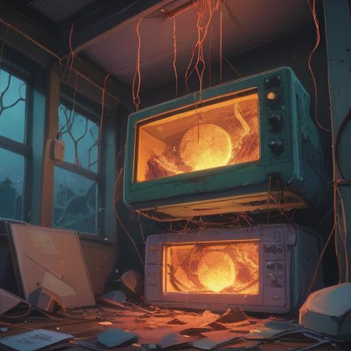 A broken microwave symbolizing spiritual signs, light rays shining through the cracks, ethereal glow, a serene atmosphere, representing transformation and change, subtle hints of renewal and positivity, calming colors, abstract representation of energy, 4k