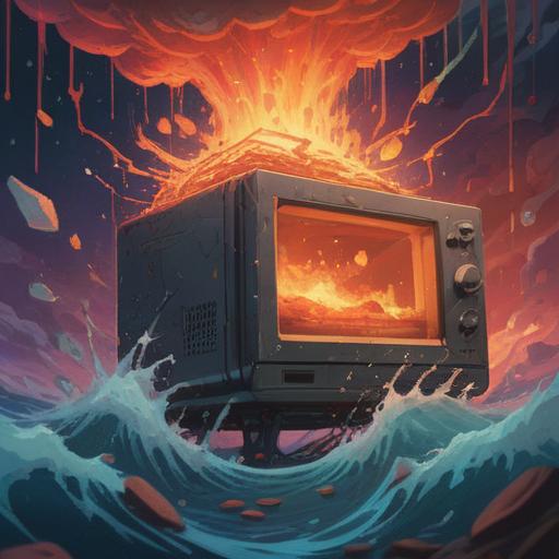 A surreal depiction of a broken microwave, ethereal energy surging around it, symbols of caution floating in the air, a mystical aura, soft glowing light, abstract representations of spiritual signs, chaotic kitchen environment, emphasizing the connection between technology and spirituality, vivid colors, dreamlike atmosphere