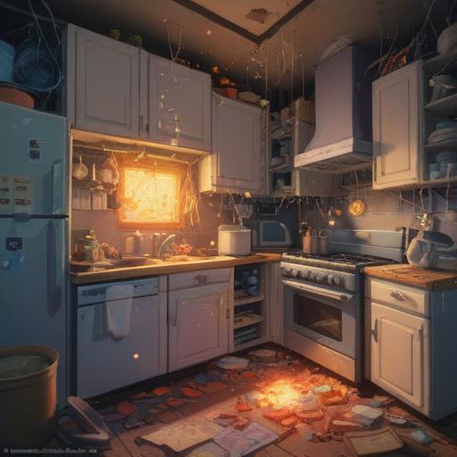 A whimsical illustration of a kitchen disaster, a broken microwave with sparks flying, an unexpected lucky charm glowing beside it, scattered cooking ingredients, an amusing sense of chaos, colorful kitchen utensils, warm lighting, cheerful atmosphere, 4k