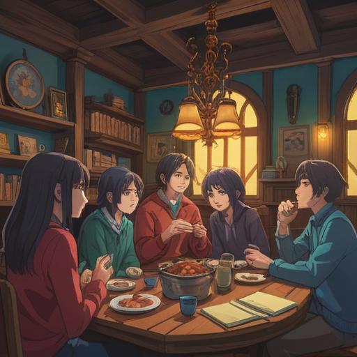 A serene gathering of diverse people, sharing ideas and discussing various topics, a cozy meeting space, warm lighting, a table filled with notebooks and laptops, a sense of collaboration and community, thoughtful expressions, natural interactions, inviting atmosphere, 4k