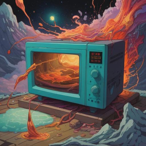 A surreal illustration depicting a broken microwave, symbolic of energy disruption, swirling colors representing the flow of life, ethereal light shining through the broken parts, elements of spirituality intertwined with modern technology, a meditative atmosphere, reflections of transformation and renewal, dreamlike quality, 4k