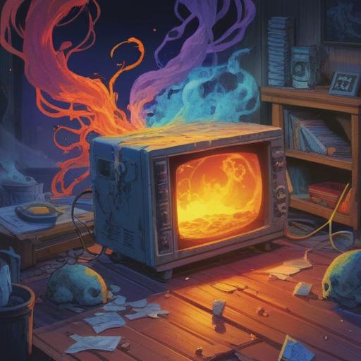 A mystical and surreal illustration, a broken microwave emitting faint, ghostly wisps of energy, subtle aura surrounding it, vibrant colors reflecting a sense of urgency, objects floating in the air to symbolize chaos, a shadowy figure observing the scene, enlightening symbols in the background representing spiritual signs, dreamlike atmosphere, ethereal lighting, detailed textures, thought-provoking imagery