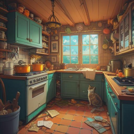 A whimsical kitchen scene, a broken microwave on a countertop, a curious cat investigating it, various cooking gadgets strewn around, a mysterious recipe book open to a page titled