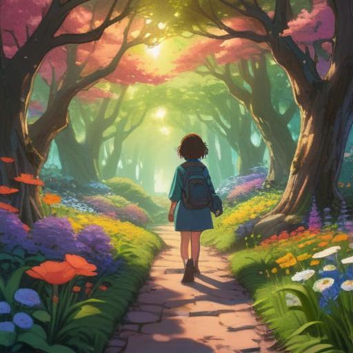 A bright and hopeful scene of a person standing at the beginning of a path, surrounded by blooming flowers, sunlight filtering through the trees, a gentle breeze lifting their hair, a filled backpack symbolizing adventure, open sky overhead, vibrant colors, inspiring atmosphere, conveying the theme of new beginnings, 4k