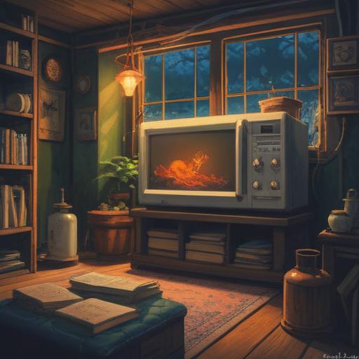 A serene and mystical scene, an old microwave emitting a gentle glow, surrounded by ethereal symbols of good fortune, soft light illuminating the room, hints of nature creeping through a window, an aura of positivity and spiritual awakening, a sense of transformation and hope, warm colors blending harmoniously, inviting atmosphere, detailed elements of spirituality, 4k