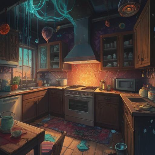 A mystical representation of a broken microwave, ethereal aura, subtle glowing symbols, dark kitchen background, swirling energy patterns, cautionary signs from the universe, enchanting atmosphere, spiritual awakening elements, detailed textures, vibrant colors, 4k