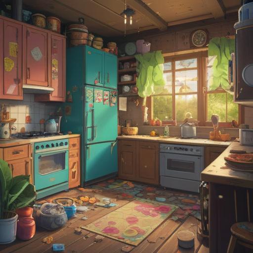 A whimsical kitchen scene, a broken microwave with a comical expression, various lucky items scattered around, vibrant colors, a four-leaf clover near the microwave, a lucky cat figurine on the counter, a horseshoe hanging on the wall, a cheerful ambiance, playful details, 4k