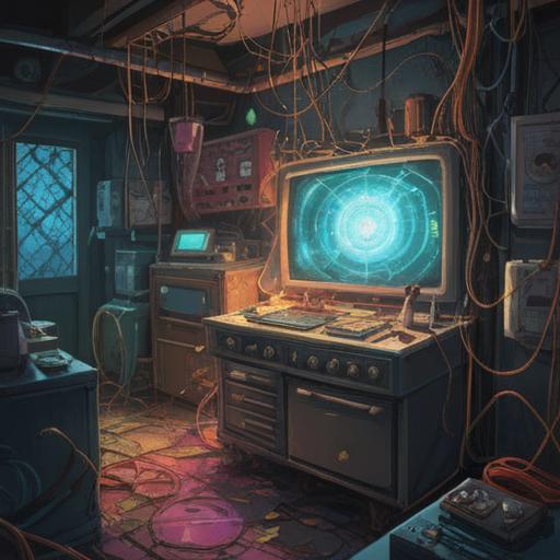 A mystical illustration capturing the spiritual significance of broken electrical appliances, ethereal light emanating from shattered devices, symbolic representation of energy disruption, surreal elements intertwined with everyday objects, dreamlike atmosphere, contrasting shadows and bright highlights, 4k