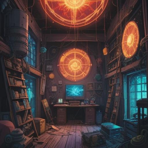 A mystical scene depicting broken electronic devices, ethereal light emanating from the devices, symbols of spiritual signs appearing around, a serene atmosphere, soft glowing orbs, cautionary elements represented through shimmering energy waves, a faint silhouette observing the scene, nature elements intertwined with technology, 4k