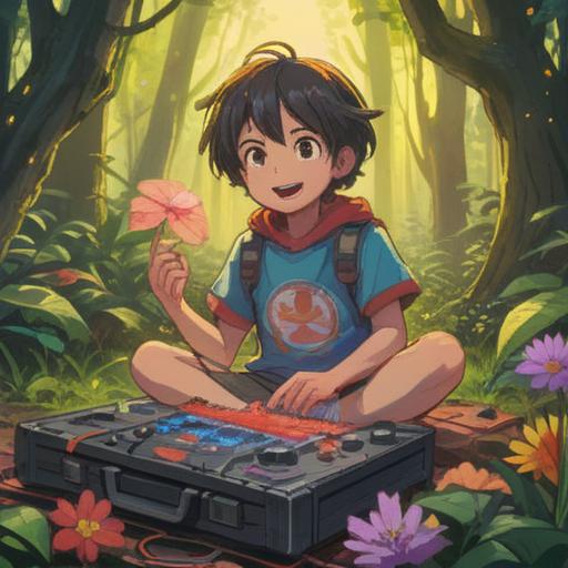 A scene depicting a broken electronic device surrounded by bright, colorful flowers, a child smiling joyfully, sunlight streaming through the trees, a sense of renewal and hope, a cheerful atmosphere, nature reclaiming space, vivid colors, 4k